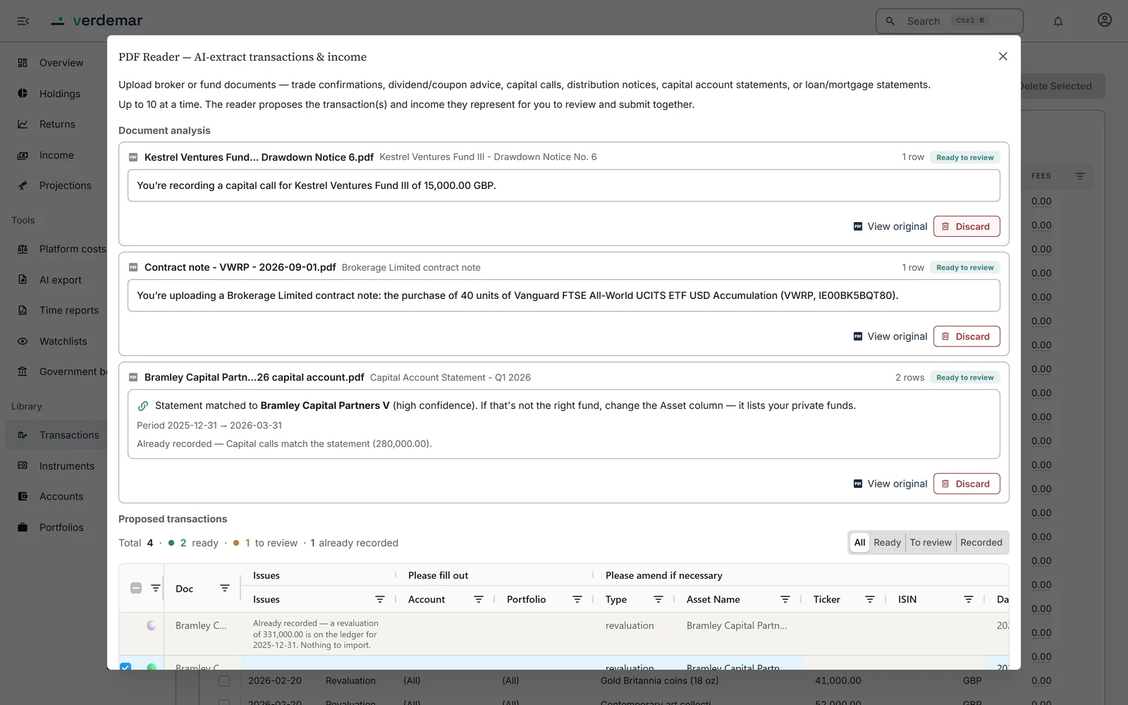 Verdemar's AI document reader: one card per uploaded document showing what it was recognised as and what it matched, above a single table of proposed transactions waiting for approval.